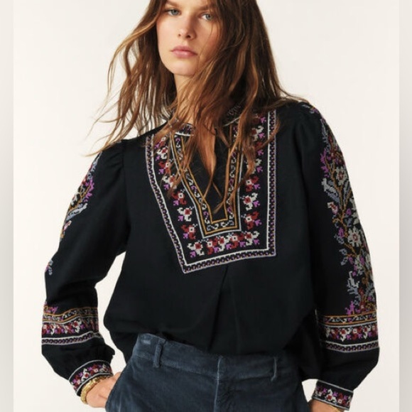 ba&sh Tops - ba&sh Caloe Round Neck Black Blouse With All-Over Embroidery Womens 1 Small US 4